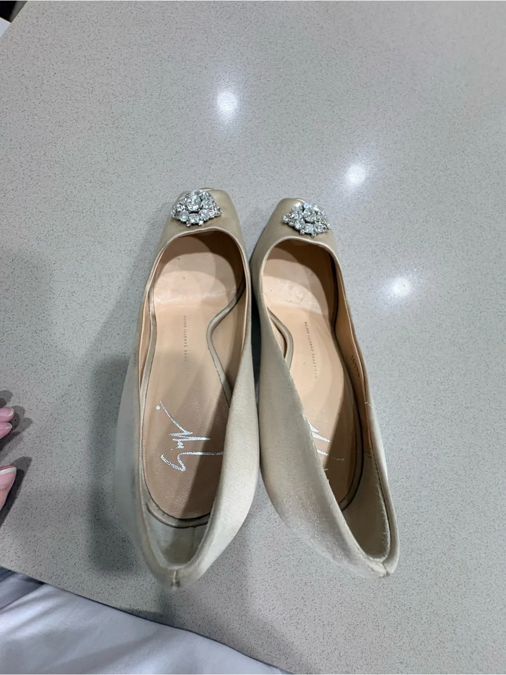 Giuseppe Zanotti beige satin peep toe pumps with Swarovski details